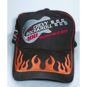 NASCAR Chevy ROCK & ROLL 400 Race Adjustable Black Hat Flames Guitar 9/6/2003